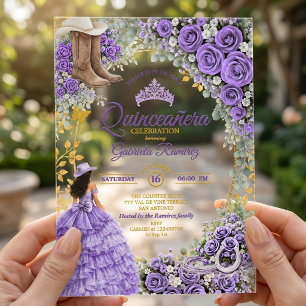 Land Western Lavendel Rosen Golden Quinceañera Acryleinladungen