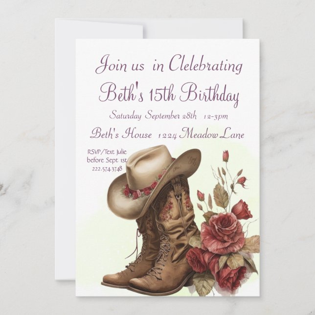 Land Western, Rose, 15. Geburtstag Einladung (Vorderseite)