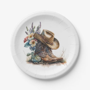 Länder-Cowgirl-Stiefel-Blumenhut Texas Pappteller