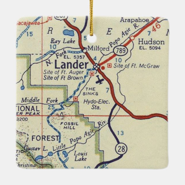 Lander WY Vintag Map Keramikornament (Rückseite)