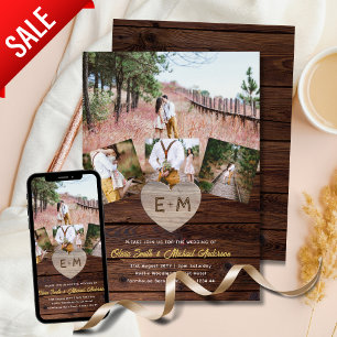 Landeshochzeit   Rustikales Holzschnitt-FotoCollag Einladung