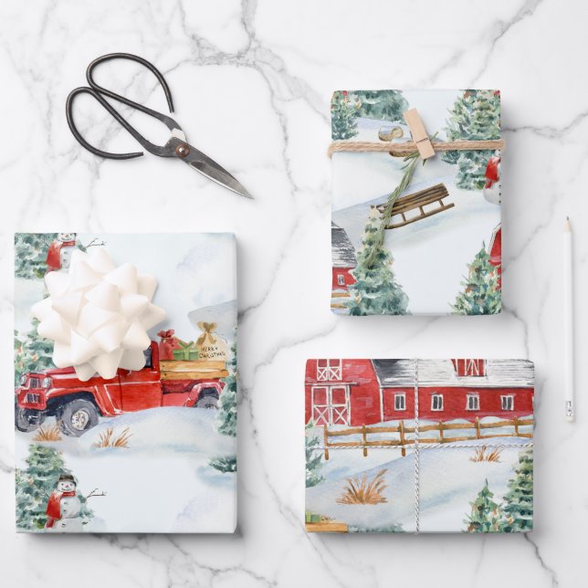 Landfarm Barn Truck Snowman Geschenkpapier Set (Vorderseite)