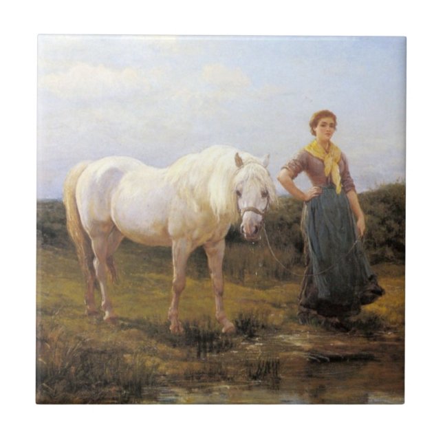 Landfrauen, die ein Pferd zum Wasser nehmen Fliese (Vorderseite)