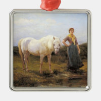 Landfrauen, die ein Pferd zum Wasser nehmen