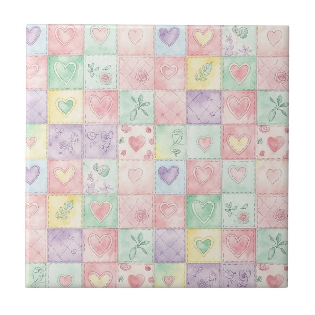 Landhaus-Blumen-Patchwork-Gingham-Pastell Fliese (Vorderseite)
