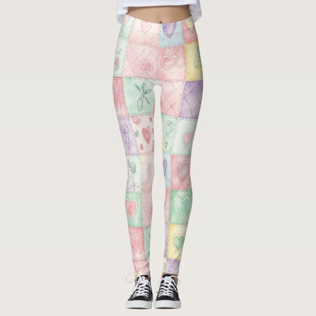 Landhaus-Blumen-Patchwork-Gingham-Pastell Leggings (Vorderseite)