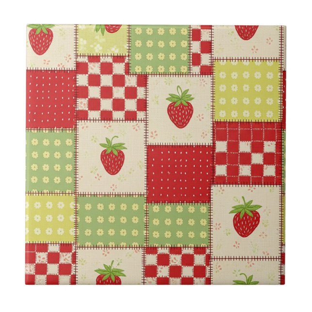 Landhaus-Erdbeer-Gingham-Blumenmuster Fliese (Vorderseite)