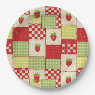 Landhaus-Erdbeer-Gingham-Blumenmuster Pappteller