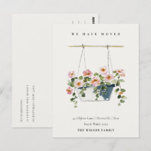 Landhaus-Hängekorb mit Blumenkarte Wir sind umgezo Postkarte
