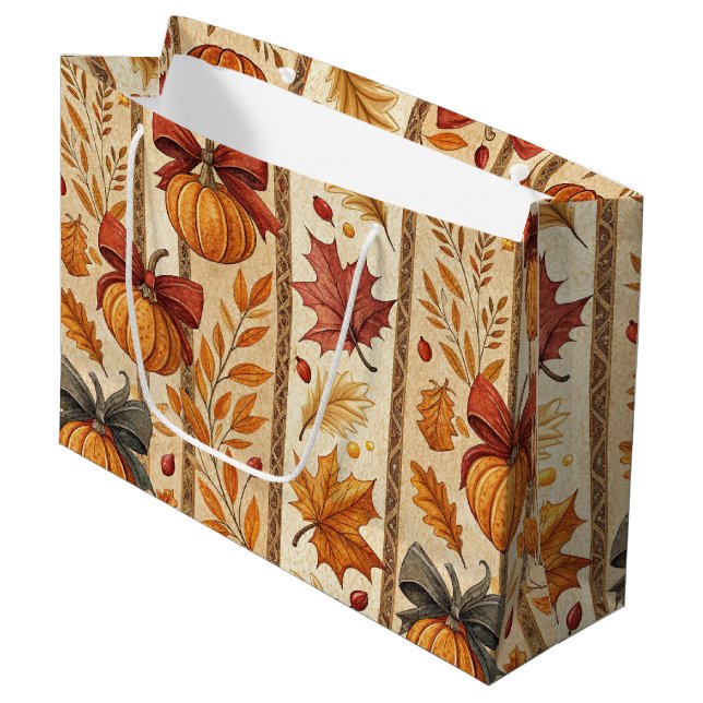 Landhaus-Kürbis-Bogen Herbstmuster Große Geschenktüte (Vorderseite Schrägansicht)