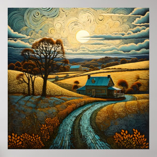 Landhaus mit sonnendurchfluteter Landwirtschaft Poster