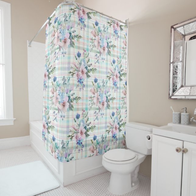 Landhaus Pastell Floral Kariert Duschvorhang (Beispiel)