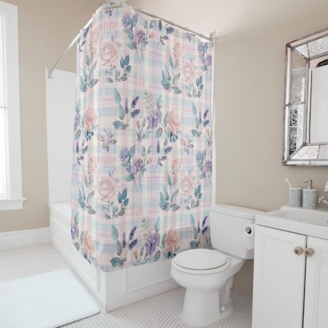 Landhaus Pastell Floral Kariert Duschvorhang (Beispiel)