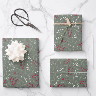 Landhaus-Tannen-Fichten-Grün-Rustikal-Blattmuster Geschenkpapier Set