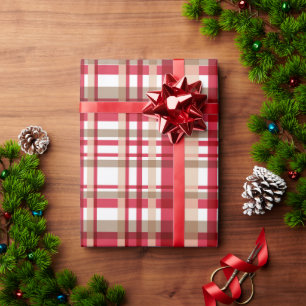 Landhaus-Weihnachten rot weiß beige Tattersall-Kar Geschenkpapier