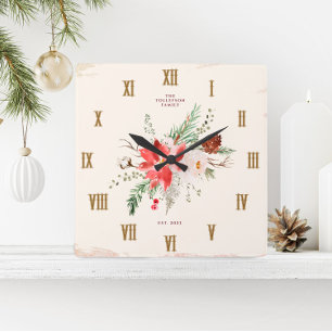 Landhaus-Weihnachten Winter Poinsettie Rustikal Quadratische Wanduhr