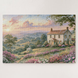 Landhaus-Wildblumen-Berg-Sonnenuntergangs-Gemälde