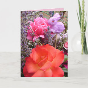 Landhausgarten-Rot-Rosa-Rosen-Häschen-Blumenkarte Karte