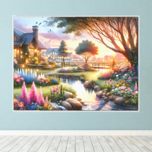 Landhausgartenbach bei Sonnenuntergang Leinwanddruck