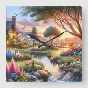 Landhausgartenbach bei Sonnenuntergang Quadratische Wanduhr