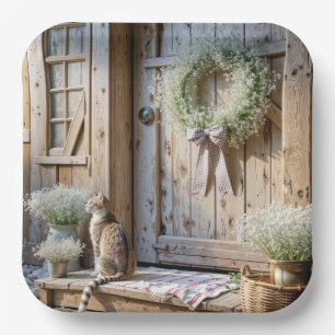 Landhauskatze mit Brautschleier-Kranz Pappteller