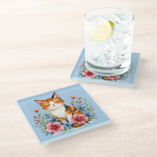 Landhausstil Blumenkatze Ruhige Feline Botanik Glasuntersetzer