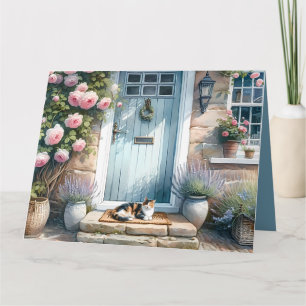 Landhausstil-Blumenveranda mit Calico-Katze Dankeskarte