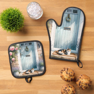 Landhausstil-Blumenveranda mit Calico-Katze Ofenhandschuh & Topflappen-Set