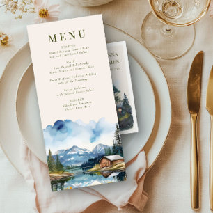 Landhochzeit am See mit Bergen und Wald Menükarte