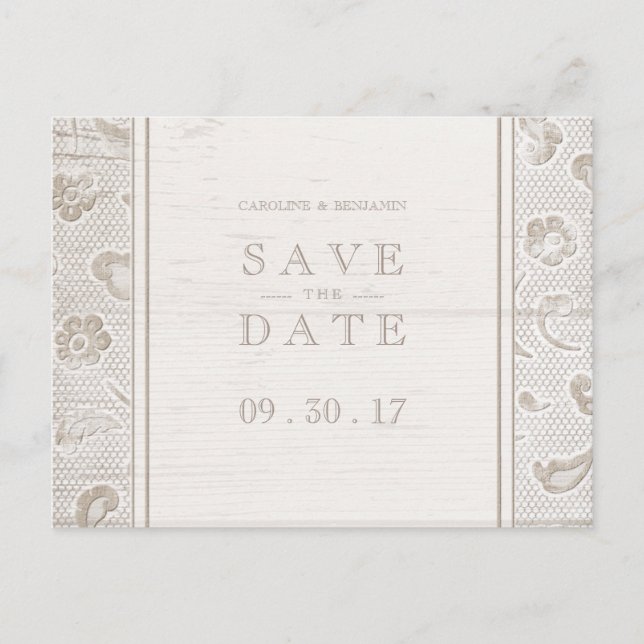 Landhochzeit aus Spitzenholz Save the Date Ankündigungspostkarte (Vorderseite)