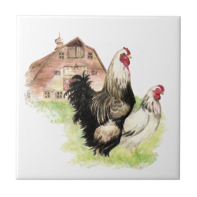 Landhühner und Rasterhühner, Landschaftsszene Fliese (Vorderseite)