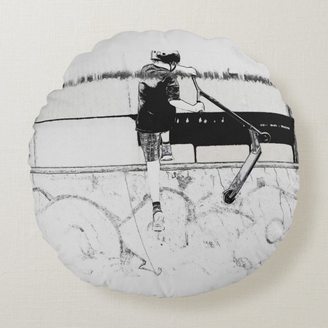 Landing It - Stunt Scooter Rider Round Pillow Rundes Kissen (Vorderseite)