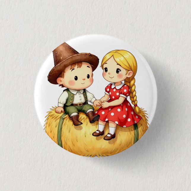 Landkinder auf einem Heuballen Button (Vorderseite)