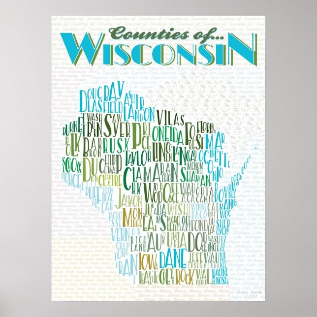 Landkreis der Wisconsin Typografie-Karte Poster (Vorne)