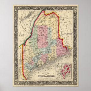 Landkreis-Karte des Staat von Maine Poster