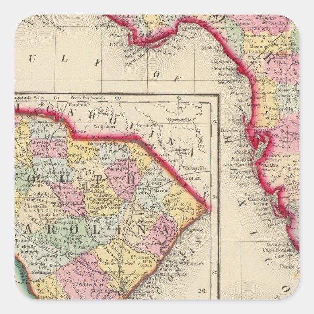 Landkreis Karte von Florida Quadratischer Aufkleber (Vorderseite)