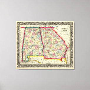 Landkreis-Karte von Georgia und von Alabama Leinwanddruck