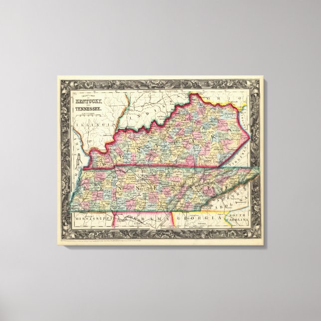 Landkreis Karte von Kentucky und Tennessee Leinwanddruck (Vorderseite)