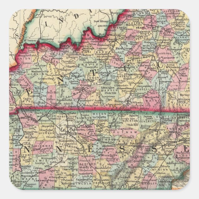 Landkreis Karte von Kentucky und Tennessee Quadratischer Aufkleber (Vorderseite)
