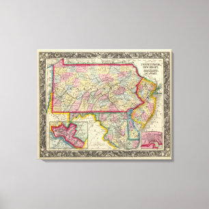 Landkreis-Karte von Pennsylvania, New-Jersey Leinwanddruck