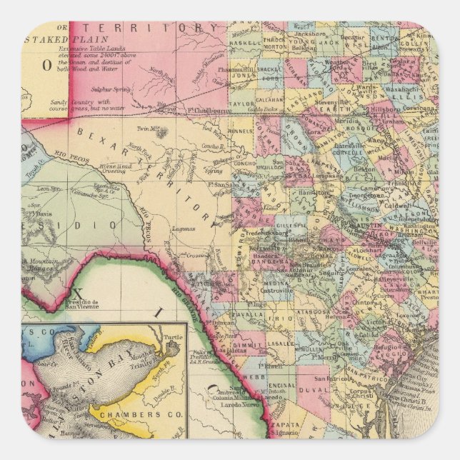Landkreis-Karte von Texas Quadratischer Aufkleber (Vorderseite)