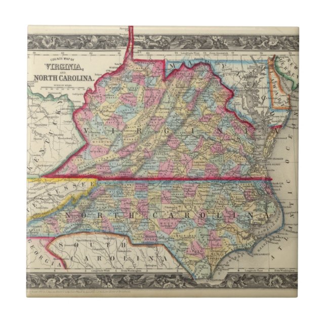 Landkreis-Karte von Virginia und von Nord-Carolina Fliese (Vorderseite)