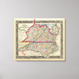 Landkreis-Karte von Virginia und von Nord-Carolina Leinwanddruck