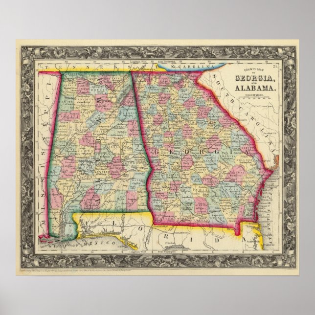Landkreis Map Georgien und Alabama Poster (Vorne)