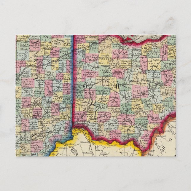Landkreis Map von Ohio und Indiana Postkarte (Vorderseite)