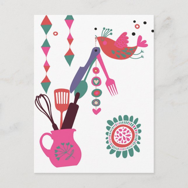 Landküche - Silberbesteck auf Blumenbeete. Postkarte (Vorderseite)