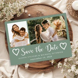 Ländlich moderne 2-Foto-Sage-Grün-Hochzeit  Save The Date