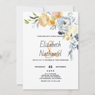 Ländlich orange blau weiß botanisch floral Hochzei Einladung