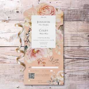 Ländlich Romantische Rosa & Blassrosa Rosen Pfirsi All In One Einladung