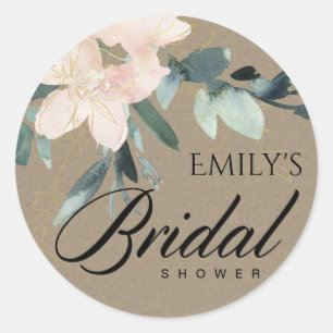 LÄNDLICH ROSIG BRAUN KRAFT BLUMEN AQUARELL BRIDAL RUNDER AUFKLEBER